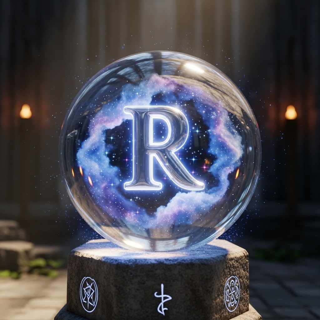 3D shiny R floating in a crystal ball with stars swirling around