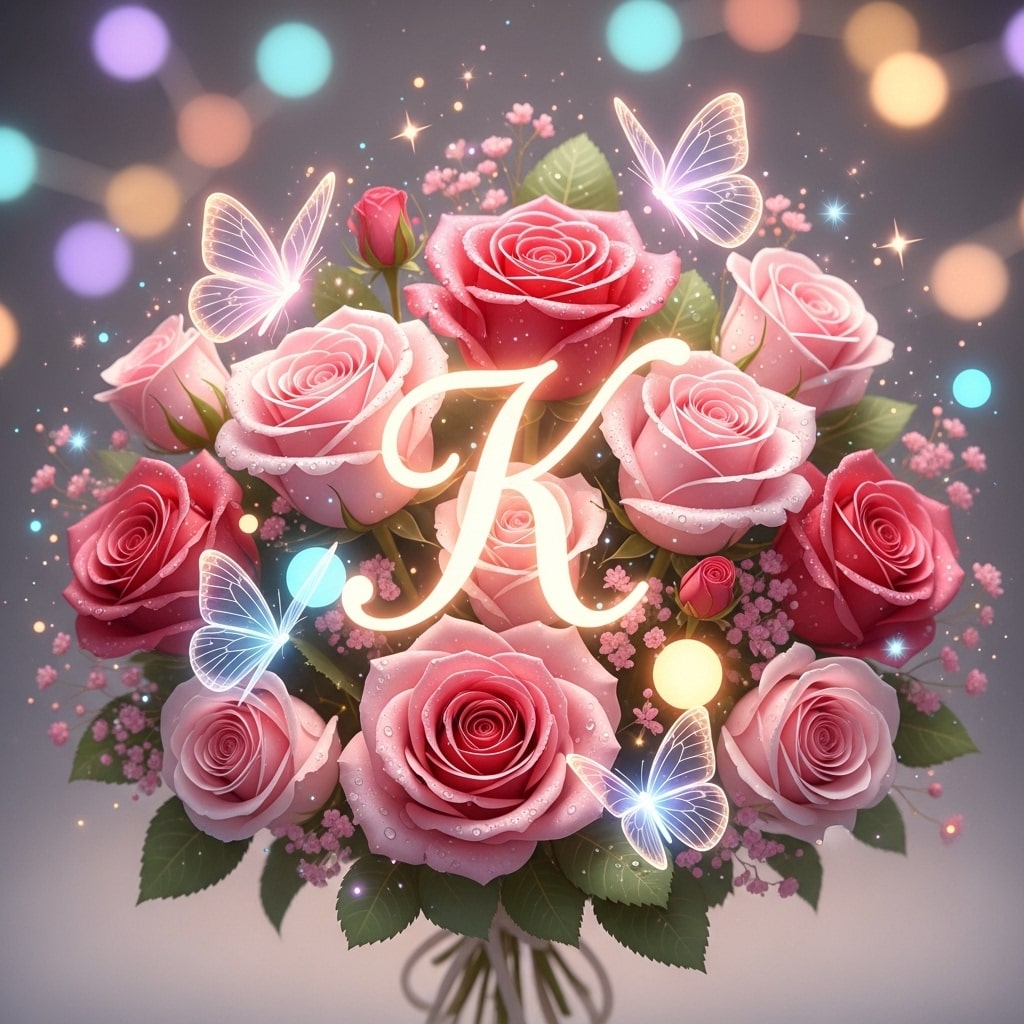 A bouquet of pink roses with a prominent letter 'K' displayed in the center