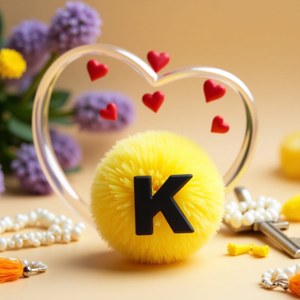 A bright yellow ball adorned with a heart-shaped letter K, showcasing a playful design
