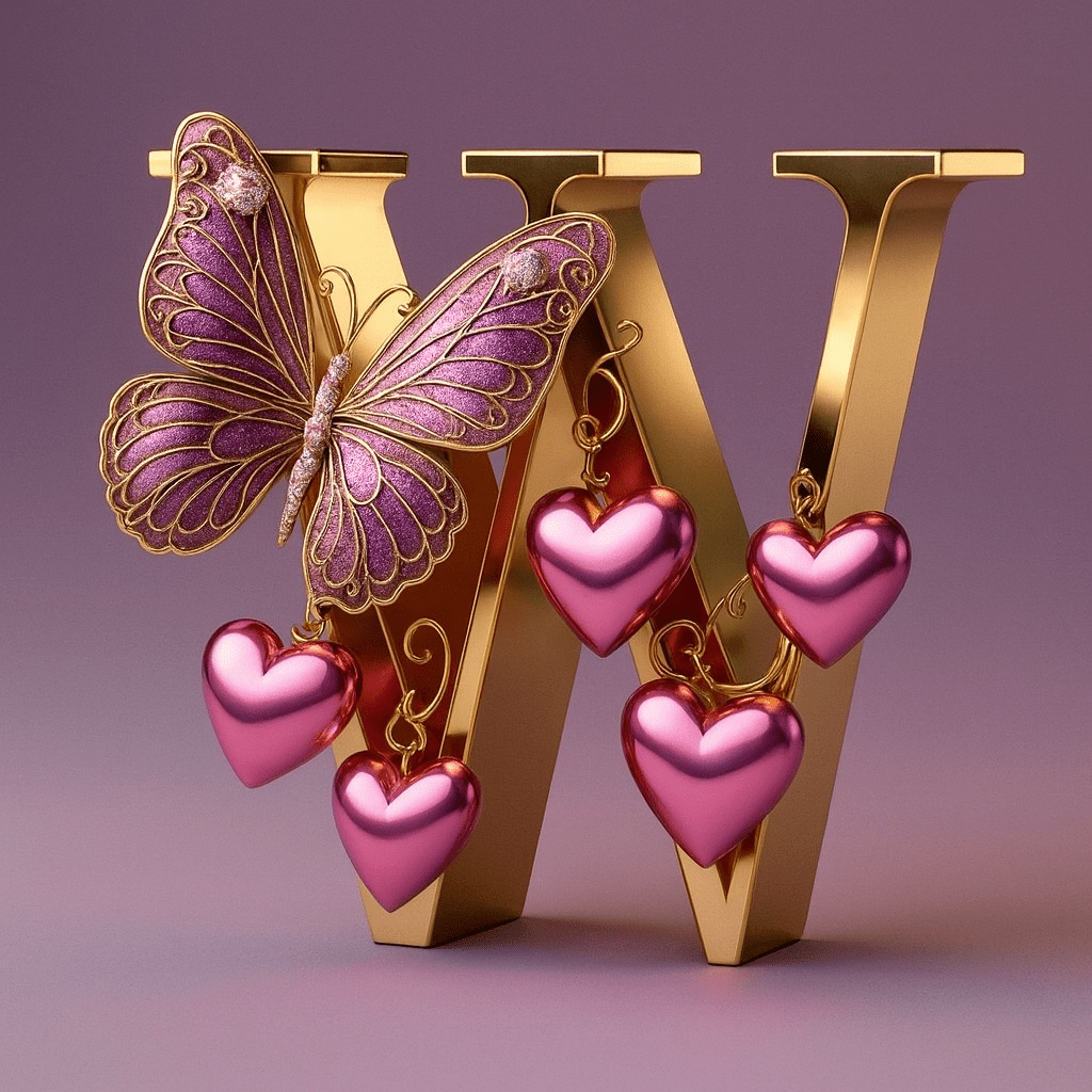 A gold letter W adorned with pink hearts and butterflies