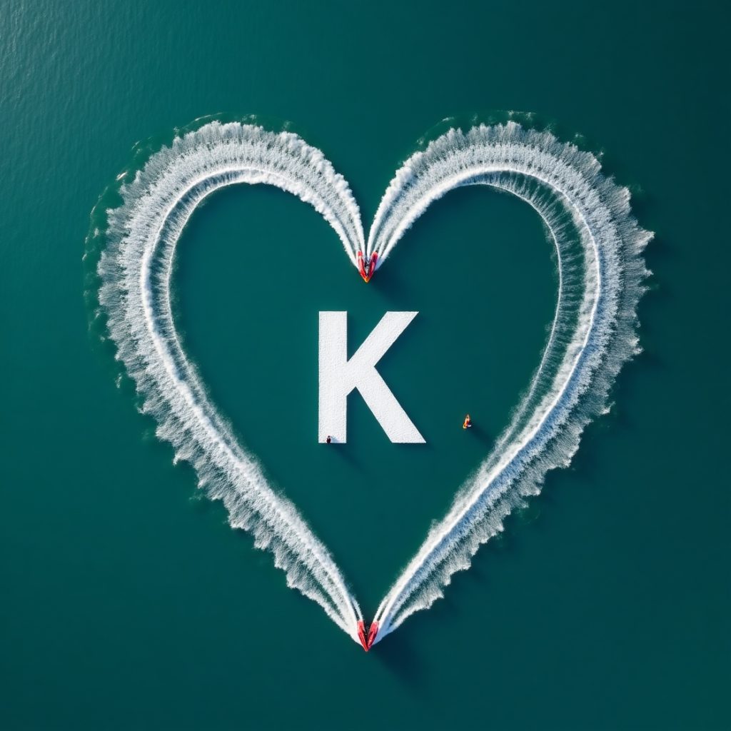 A heart-shaped K created from the letter K, with an airplane soaring above the ocean waves below