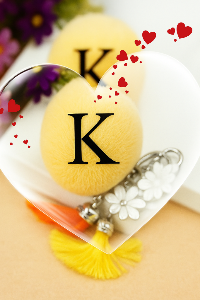 A heart-shaped box with a tassel and a matching heart-shaped keychain displayed together