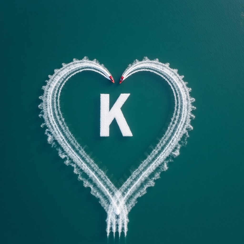 A heart-shaped letter K formed by the letter K, with a plane flying over a blue ocean in the background