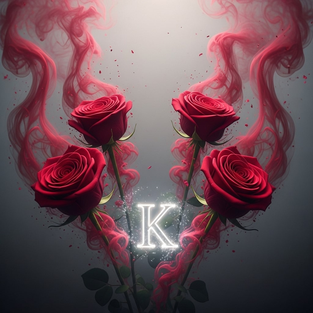 A heart-shaped letter K surrounded by roses and wisps of smoke