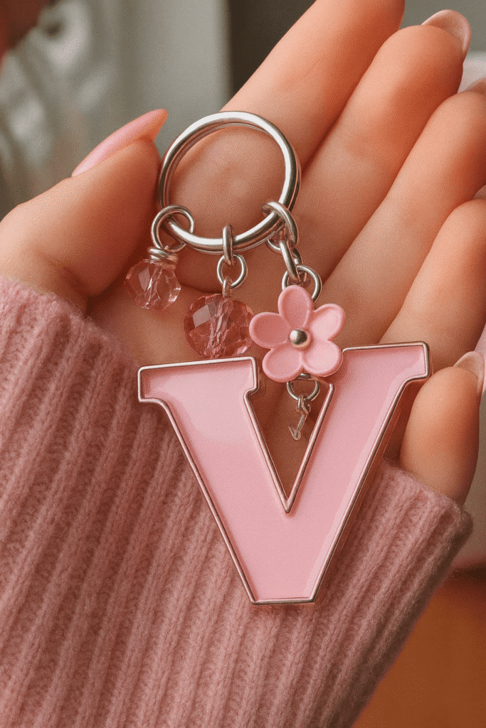A pink keychain featuring a letter V alongside a decorative flower design