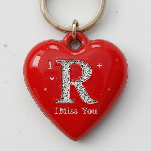 A red heart-shaped keychain with a glittery white letter 'R' engraved on it. The _I Miss You_ text adds a personal and emotional touch to the design