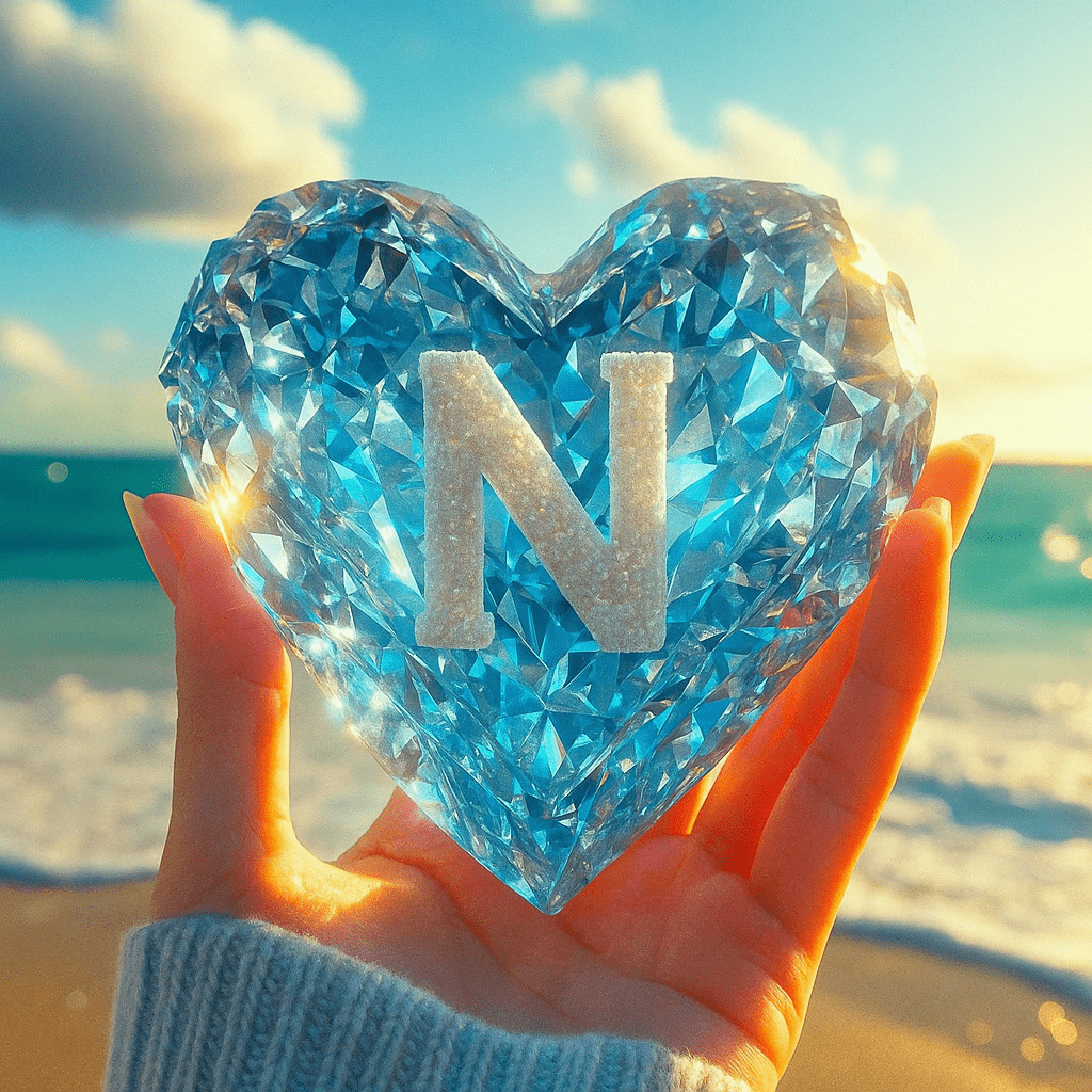 A woman holds a heart-shaped diamond featuring the letter 'N' prominently displayed in the center