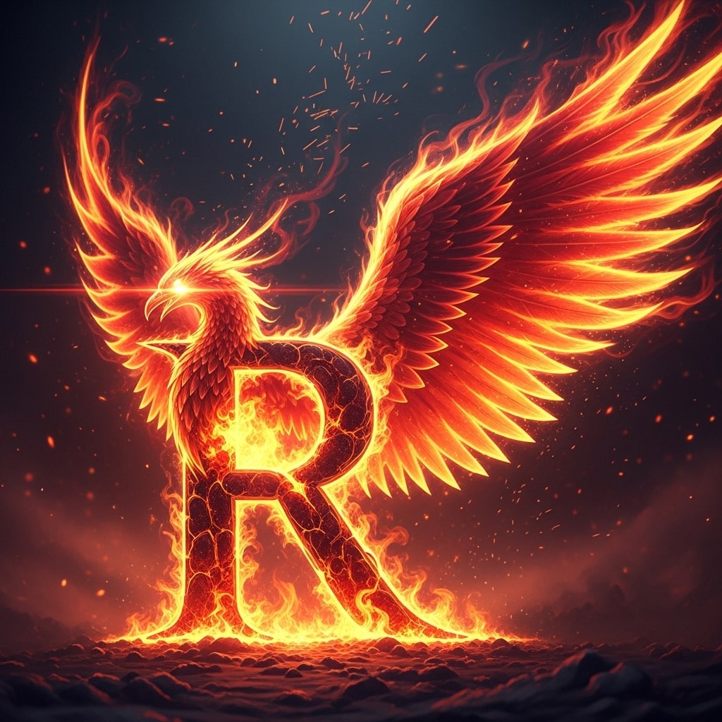 Fire-shaped R rising from ashes with phoenix wings