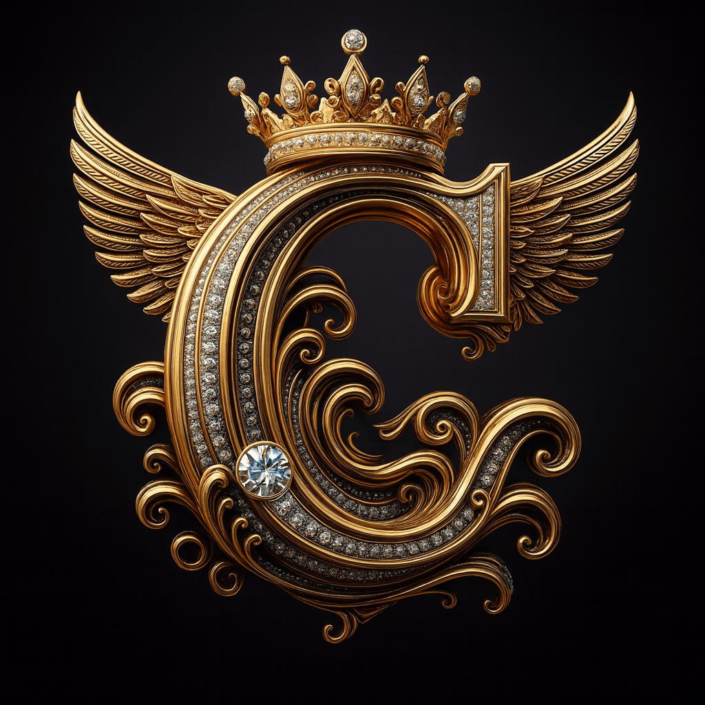 Golden letter C adorned with diamond wings