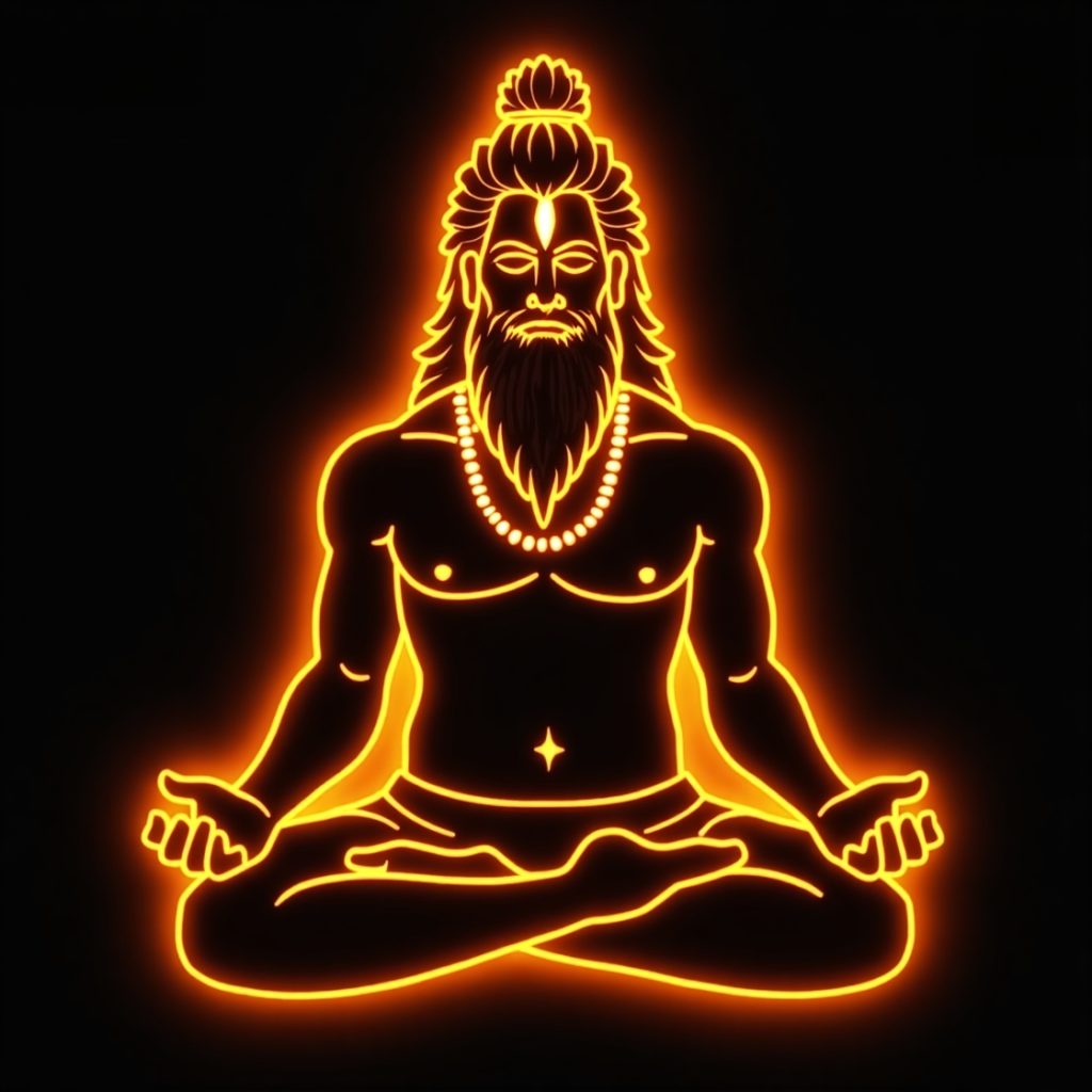 Illuminated neon artwork of Lord Shiva in a meditative lotus pose, highlighting spiritual themes with colorful light