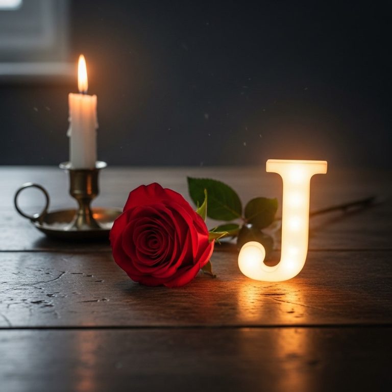 Letter J adorned with a red rose, placed on a rustic wooden table