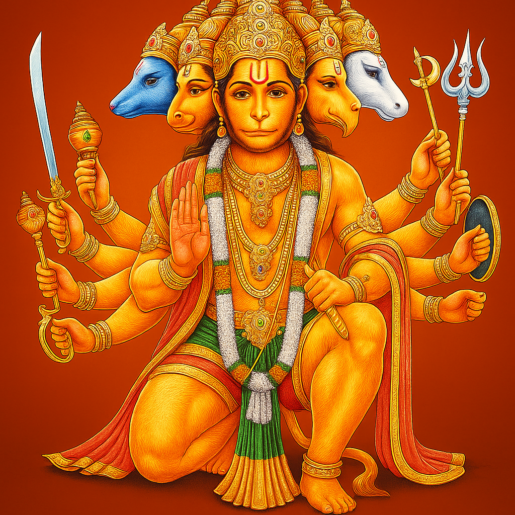 Lord Hanuman depicted with five heads and four arms, symbolizing strength and devotion in Hindu mythology