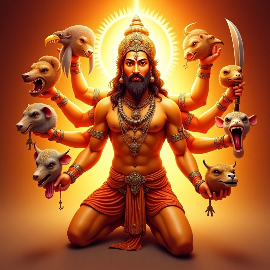 Lord Hanuman illustrated with five heads and four arms, representing his multifaceted nature and divine attributes