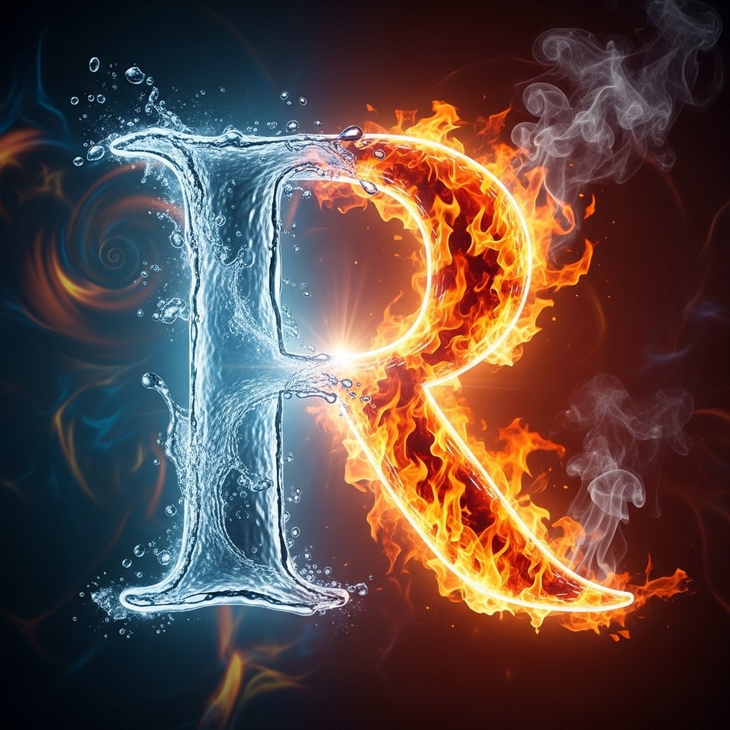 Mystical R formed by water and fire blending together, glowing aura around it