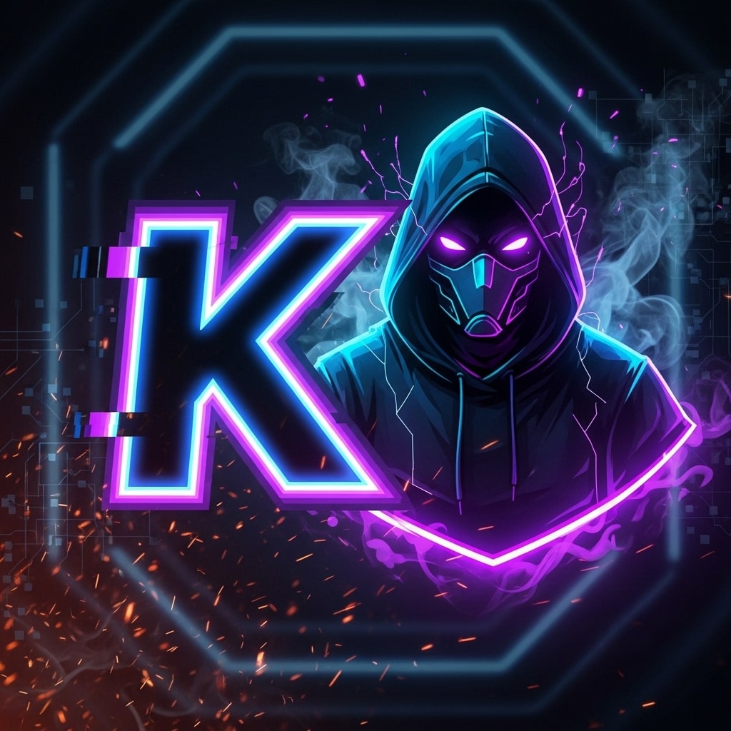 Neon-glowing letter K beside a hooded man