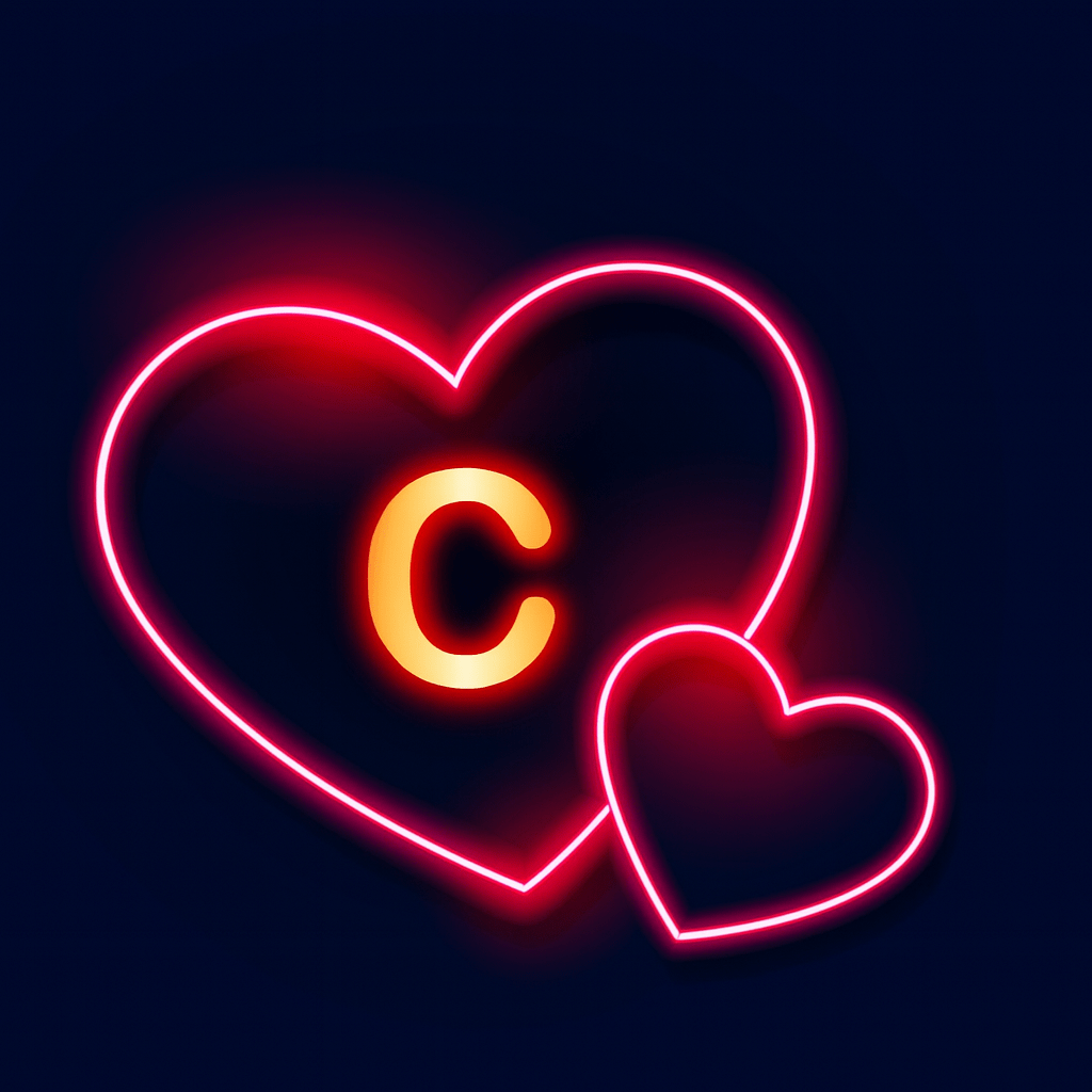 Neon heart design featuring the letter 'C' prominently displayed in the center