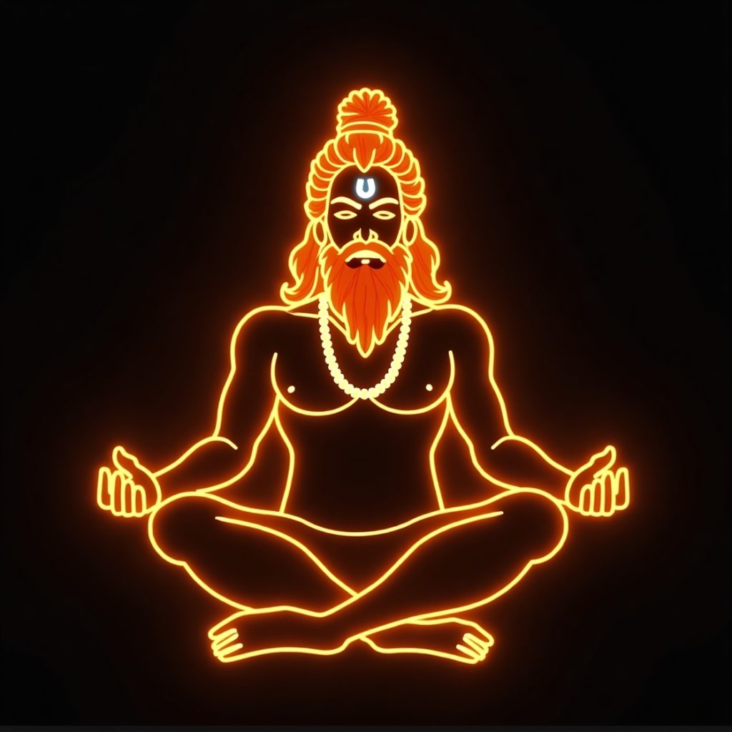 Neon sign depicting Lord Shiva in a lotus pose, radiating vibrant colors against a dark background