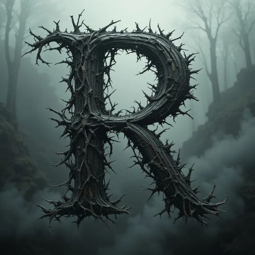 R DP Name ProProfileDP_ The letter 'R' is creatively designed using thorny branches and natural textures. The background has a foggy, dramatic feel, enhancing the gothic appearance