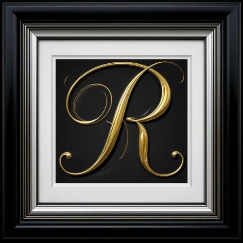 R DP Name ProProfileDP_ The letter 'R' is displayed in a stylish gold cursive font inside a black frame with silver edges. This combination exudes a luxurious and formal look