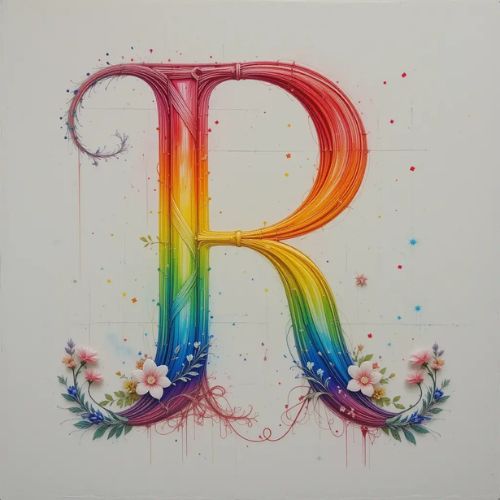 R DP Name ProProfileDP_ The letter 'R' is hand-painted with bright, multicolored strokes, resembling a rainbow. The floral touches at the bottom and the curved shape add an elegant and artistic feel