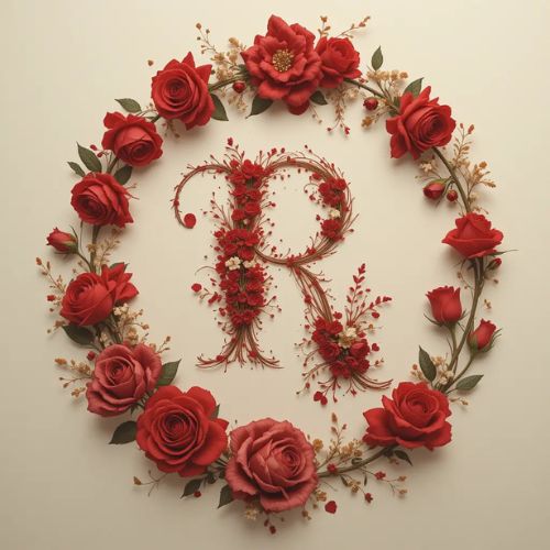 R DP Name ProProfileDP_ _Red roses bloom around the letter R, creating a delicate and romantic hand design of beauty and love