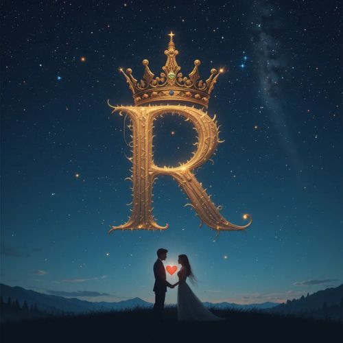 R DP Name ProProfileDP_ _The crowned letter R reigns over a romantic scene, where two hearts meet under a starry sky