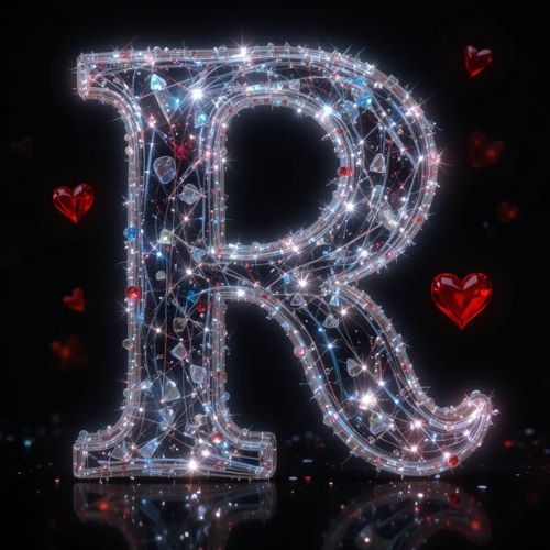 R DP Name ProProfileDP_ _The crystal letter R shines against a black backdrop, paired with red hearts for a touch of sparkle and romance