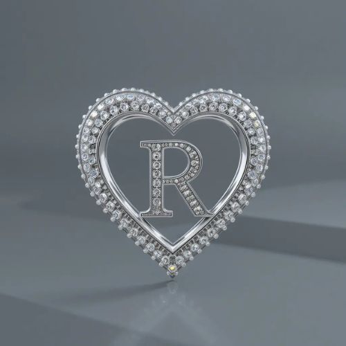 R DP Name ProProfileDP_ _The crystal-studded silver heart elegantly embraces the letter R, symbolizing love and timeless beauty