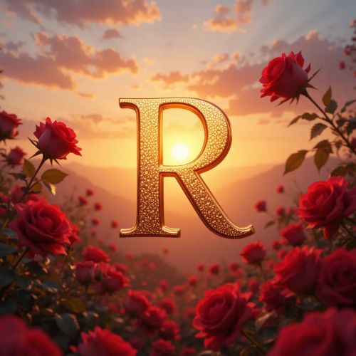 R DP Name ProProfileDP_ _The golden letter R floats in a romantic sunset, surrounded by red roses in a scene of love and tranquility
