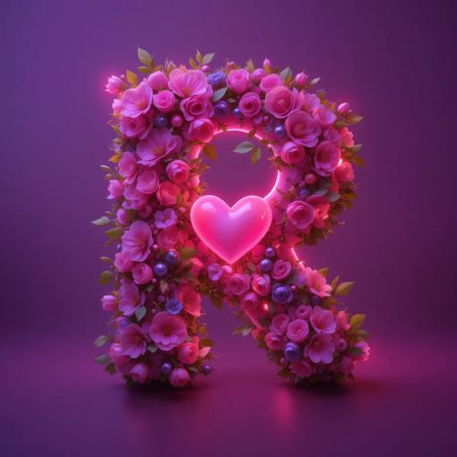 R DP Name ProProfileDP_ _The modern 3D letter R, glowing in shades of pink and purple, blooms with a heart and fresh green leaves