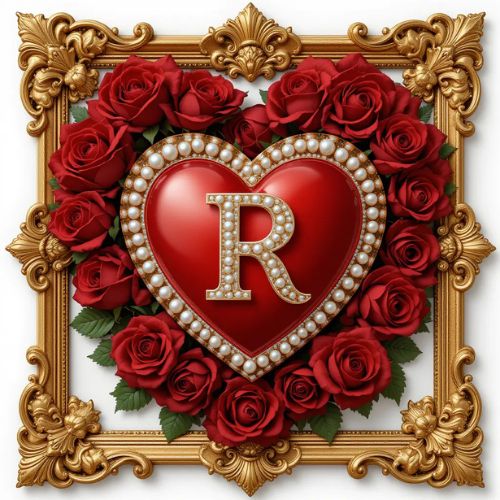 R DP Name ProProfileDP_ _The ornate golden frame and red roses cradle a pearl-studded heart, where the letter R sits in timeless beauty