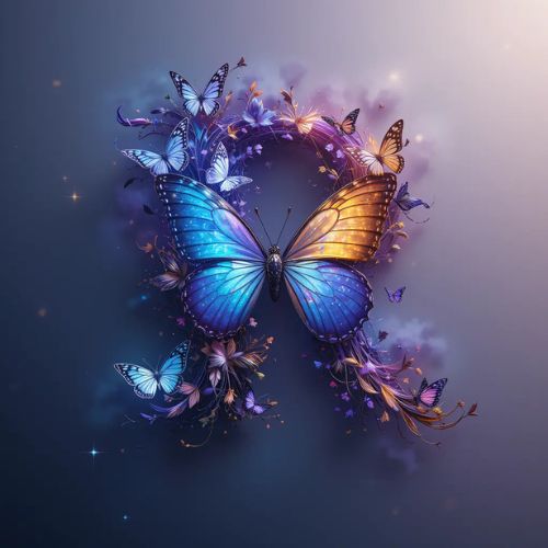 R DP Name ProProfileDP_ _Vivid butterflies flutter alongside the letter R, creating a stunning design of grace and freedom