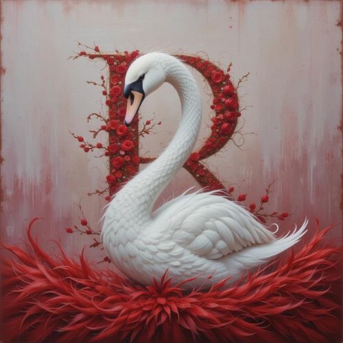 R DP Name ProProfile_ _The graceful swan and the bold R unite on a red fur canvas, showcasing elegance, love, and poise