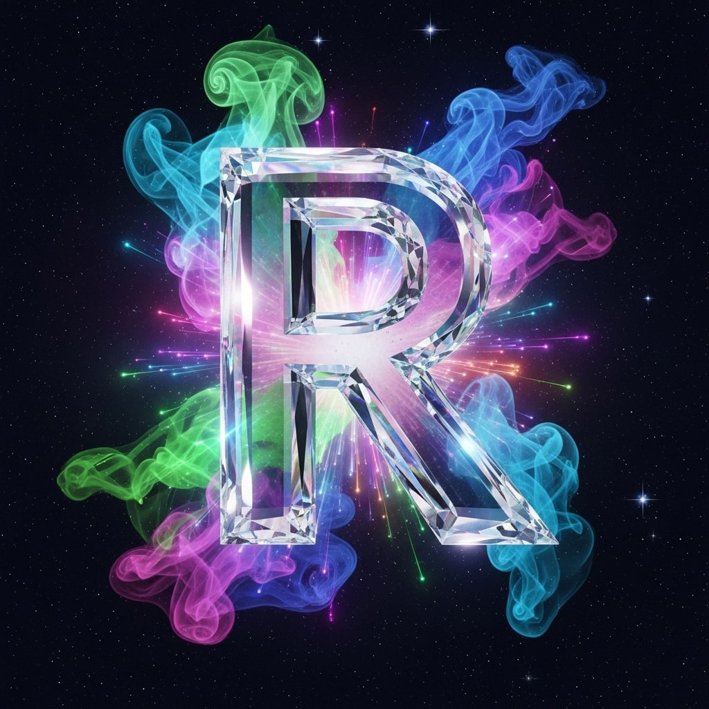R made of colorful smoke swirls in the aCrystal R floating in the galaxy
