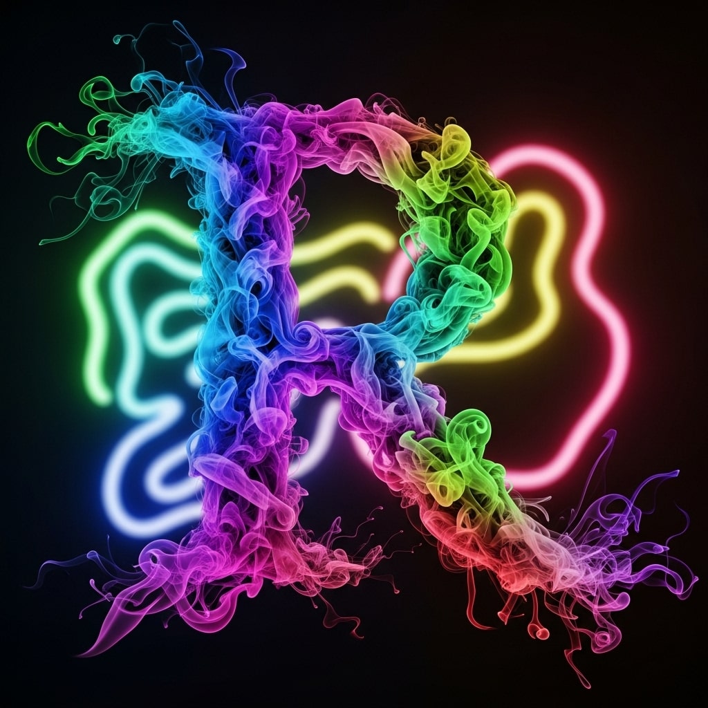 R made of colorful smoke swirls in the air