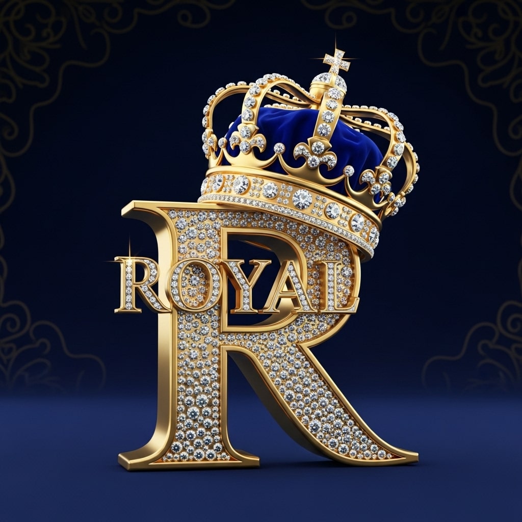 Royal R crafted in gold and diamond texture, crown on top