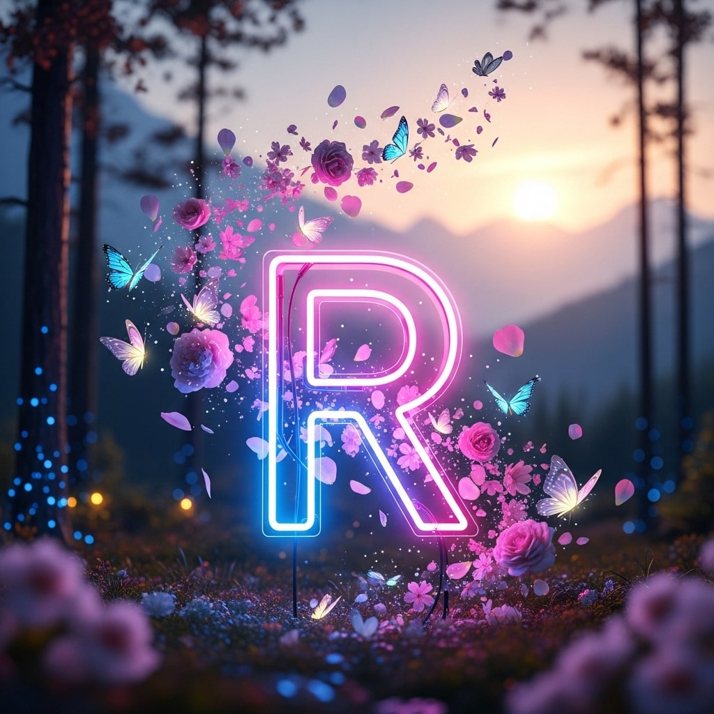 Stylish R written with neon light