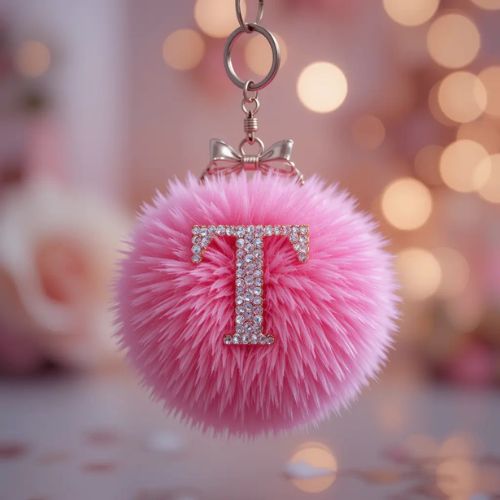 T DP Name ProProfileDP_ A bright pink fluffy pom-pom keychain featuring the letter _T_ in white with sparkling rhinestones