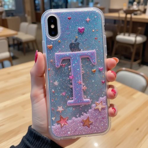 T DP Name ProProfileDP_ The letter _T_ is displayed on a shimmering phone case with liquid glitter that moves