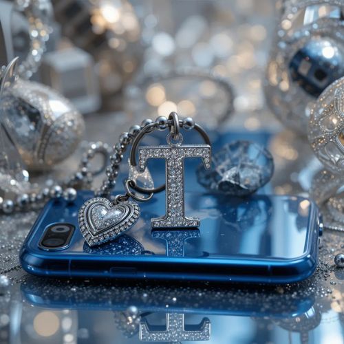T DP Name ProProfileDP_ The letter _T_ placed on a sleek, metallic blue phone with a crystal heart keychain attached