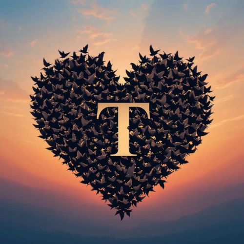 T DP Name ProProfileDP_A large heart made of flying black birds, with the letter _T_ positioned elegantly in the center