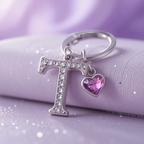 T DP Name ProProfileDP_A metallic silver _T_ keychain with a pink heart charm hanging on one side