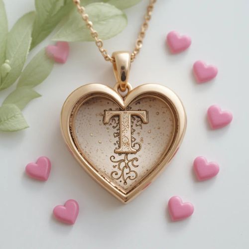 T DP Name ProProfileDP_The letter _T_ engraved inside a metallic heart-shaped pendant