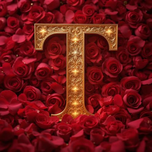 T DP Name ProProfileDP_The letter _T_ in a shiny golden finish placed on a luxurious bed of red roses