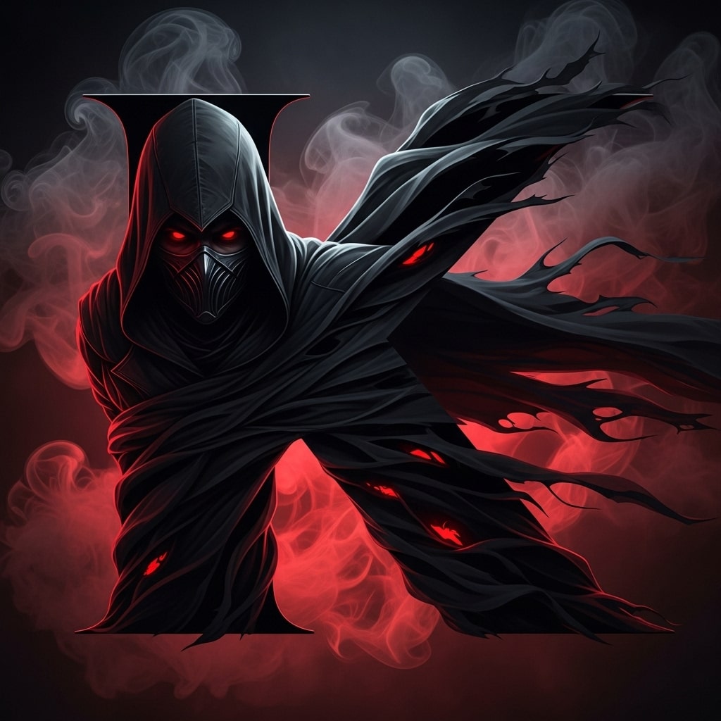 The letter K displayed prominently against a dark red background