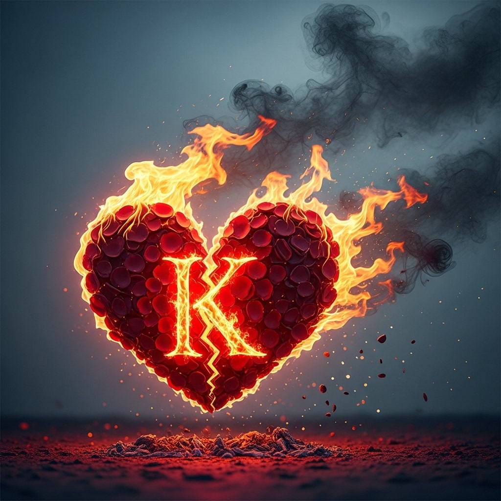 The letter K formed from flames and swirling smoke, creating a dramatic and fiery visual effect