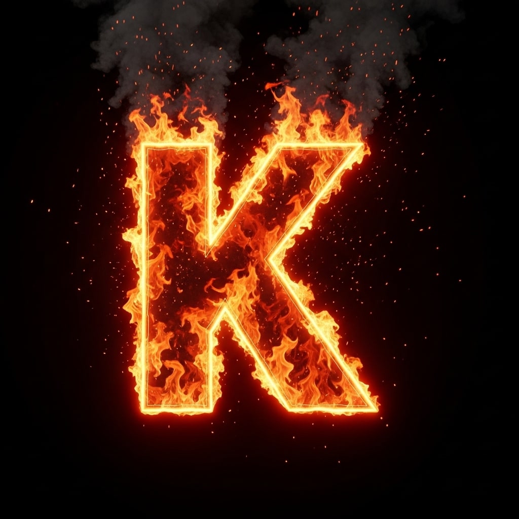 The letter K formed from flames and swirling smoke