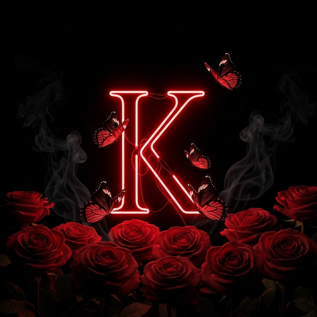The letter K is elegantly surrounded by vibrant red roses