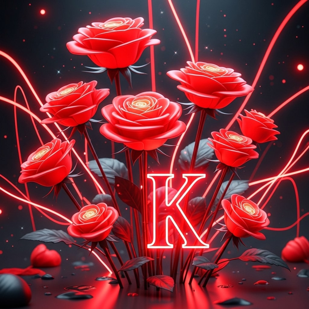 The letter K is elegantly surrounded by vibrant red roses