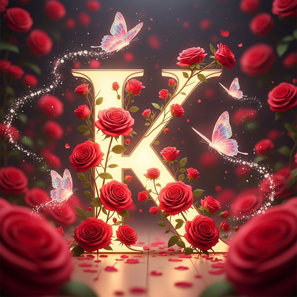 The letter K is elegantly surrounded by vibrant red roses and colorful butterflies